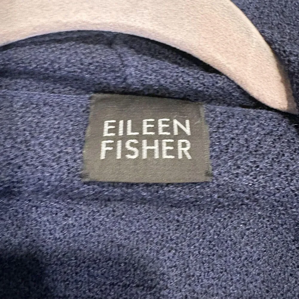 Eileen Fisher Cardigan Sweater Womens Medium Blue Wool Open Front Knit Pockets